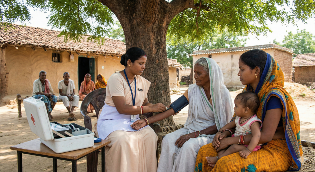 A community health nurse in a sari uniform conducting a health check-up for village women and children in a rural setting under a tree.