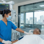 A determined Indian nursing officer in a blue scrub suit monitoring a patient in a modern ICU setting in a multispecialty hospital in India.