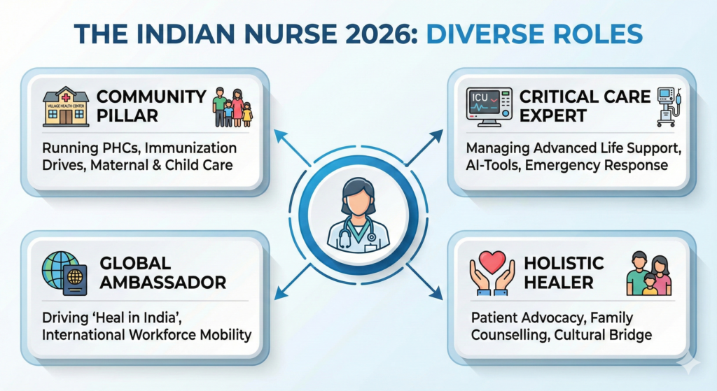 A central circular icon showing a nurse with the text "THE INDIAN NURSE 2026". Four arrows branch out to smaller icons. Top Left (Rural Setting Icon): "COMMUNITY PILLAR: Running PHCs, Immunization, Maternal Care." Top Right (High-Tech ICU Icon): "CRITICAL CARE EXPERT: Managing Ventilators, AI-Tools, Emergency Response." Bottom Left (Globe Icon): "GLOBAL AMBASSADOR: Driving 'Heal in India' & International Workforce." Bottom Right (Family Icon): "HOLISTIC HEALER: Patient advocacy, Family counselling, Cultural bridge."