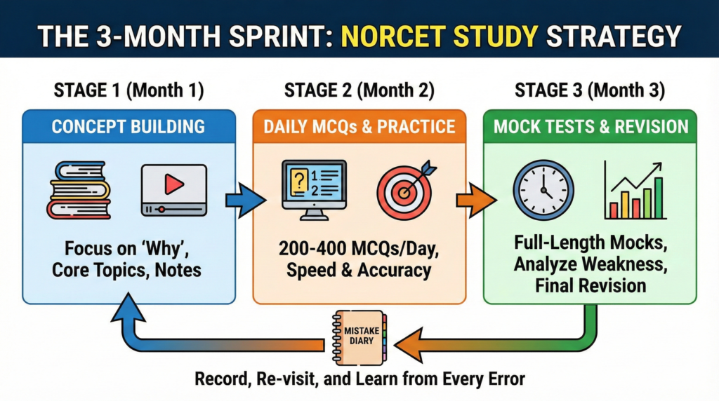 A 3-month NORCET study strategy flowchart with a mistake diary feedback loop.