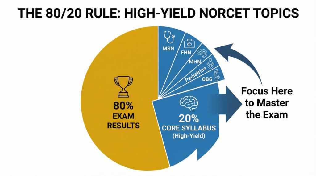 Pie chart illustrating the 80/20 rule for high-yield NORCET topics.